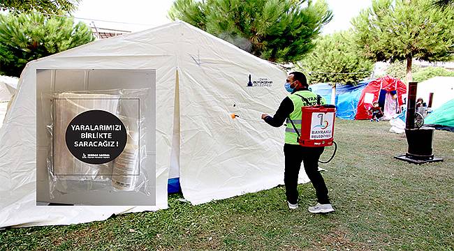 Bayraklı Belediyesi çadırları dezenfekte ediyor
