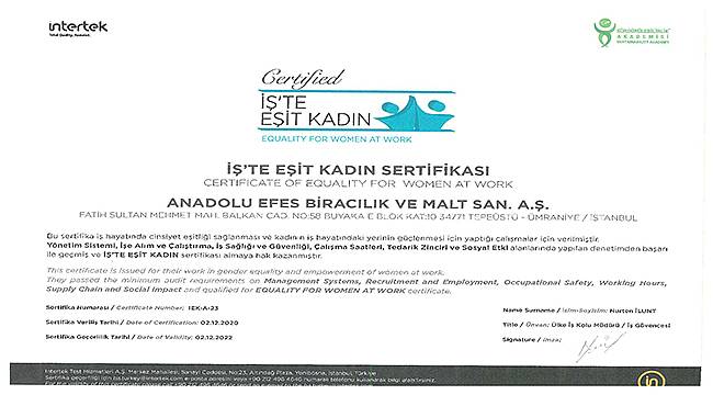 Anadolu Efes, FMCG Sektöründe "İş'te Eşit Kadın" Sertifikası Alan İlk Şirket Oldu