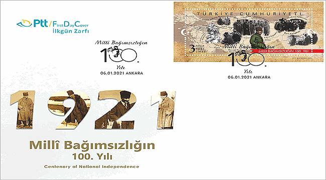 PTT'den "Millî Bağımsızlığın 100. Yılı" konulu anma pulu ve ilk gün zarfı