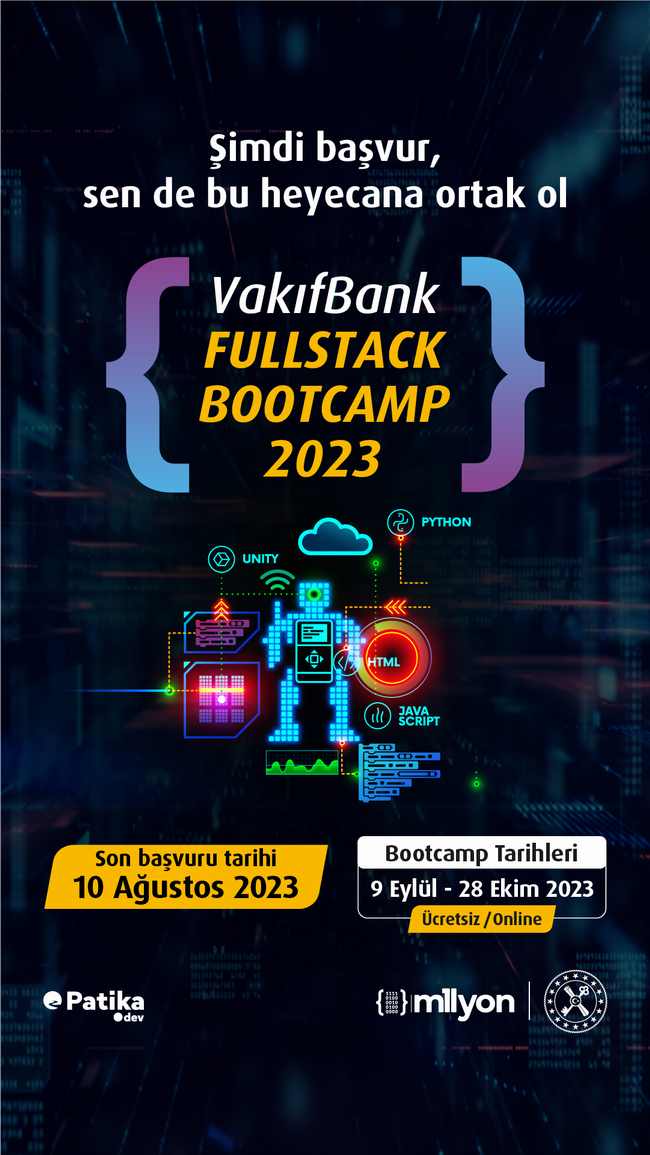 Gençlere yazılım alanında geleceğin bankacılığını tasarlama şansı veren ‘VakıfBank Fullstack Bootcamp 2023’ heyecanı sürüyor. İlk günden itibaren yoğun ilgi gören ve 3 bine yakın başvuru alan etkinliğin son başvuru tarihi 10 Ağustos.