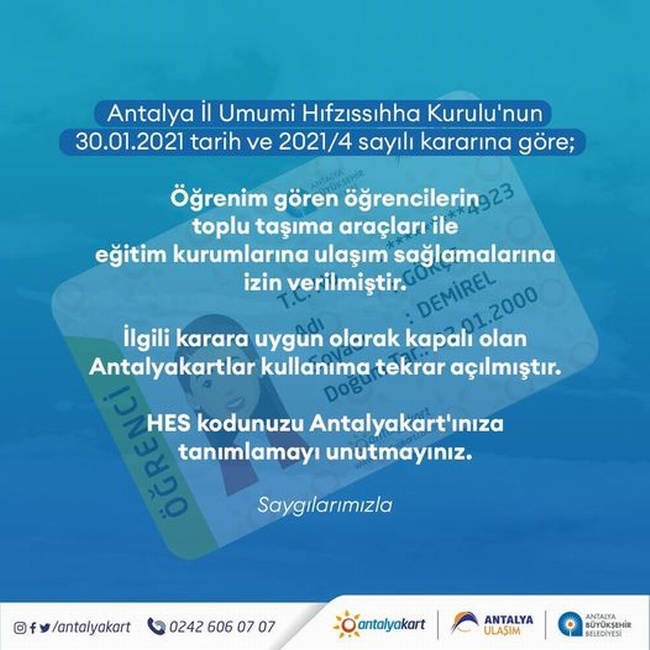 Büyükşehir'den oplu ulaşımı kullanabilecek 12-20 yaş arası öğrenci ve kursiyerlere HES kodu uyarısı: Antalyakartınızı HES kodu ile eşleştirmeyi unutmayın! 